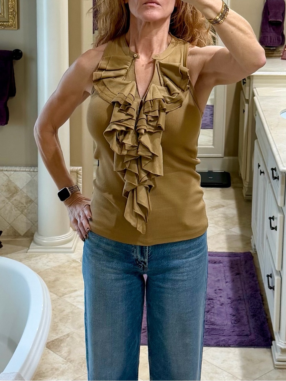 Ralph Lauren Black Label Tan Ruffle Sleeveless Top Size L